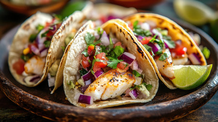 Delicious fish tacos served on a rustic plate, with fresh ingredients and vibrant colors, perfect for a close-up food shot.の素材