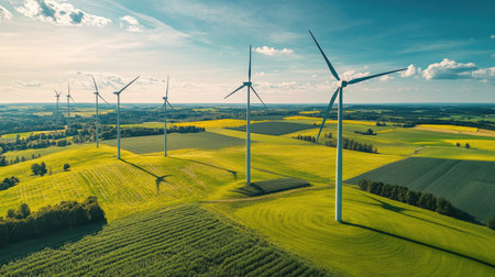 Aerial landscape of windmills and green fields in the German countryside, with a mix of sunny skies and scattered clouds, highlighting green energy in use.の素材