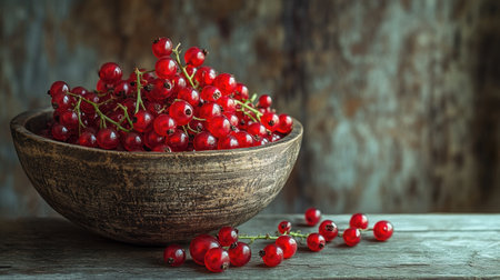 A rustic bowl overflowing with ripe red currants, set on a weathered wooden surface, with ample space for copy or branding, evoking a natural, earthy feel.の素材