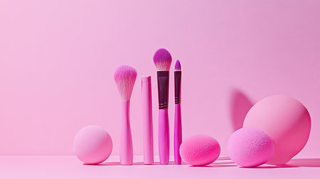 Pastel pink and magenta viva backdrop with multi-purpose makeup brushes and beauty sponges, highlighting the latest color trends.の素材