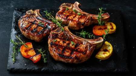 Grilled pork chops, vegetables, and herbs beautifully presented on a black slate with a dark background, featuring artistic foam accents and ample copy space.の素材