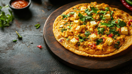 Indian Besan Chilla with a paneer filling, shown with space for advertising. Ideal for promoting healthy and tasty snacks.の素材