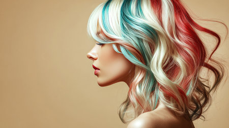 Fashion-forward woman with vibrant white, red, and blue hair on a neutral beige backdrop, perfect for creative hair and beauty themes.の素材