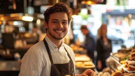 Attractive young waiter with a welcoming smile, holding customer orders. Wearing an apron in a busy daytime restaurant, perfect for hospitality themes.の素材