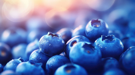 Blueberries in a closeup view, with a blurred backdrop perfect for banners and advertisements focusing on fresh produce.の素材