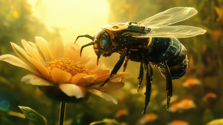 Technology meets nature as a robot bee collects nectar from a flower, surrounded by a warm and inviting atmosphere.の素材