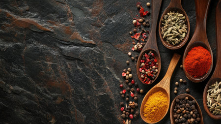Top view of assorted natural spices on vintage spoons over a dark stone background, creating a rich culinary theme.の素材