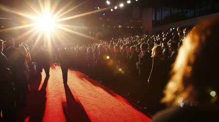 Anticipation builds as the crowd awaits the arrival of stars on the red carpet at an awards ceremony.の素材