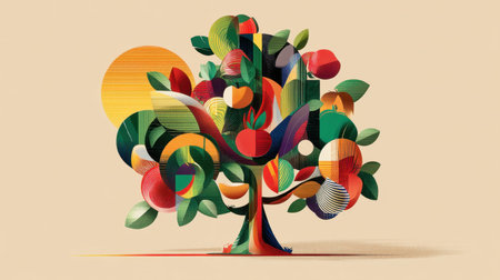 A vibrant abstract artwork depicting a fruit tree filled with geometric shapes and colorful patterns, representing nature's beauty in a modern artistic style.の素材