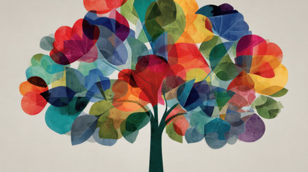 A stunning abstract illustration of a colorful tree featuring vibrant leaves in various shades. Perfect for nature-themed designs, art projects, and inspiration.の素材