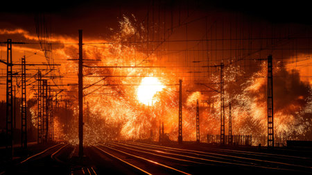 A breathtaking sunset illuminates the railway tracks with vibrant oranges and yellows, creating a striking contrast against silhouetted electric posts and dramatic clouds.の素材