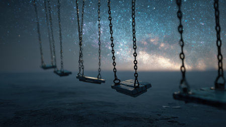 A surreal scene featuring swings hanging from chains under a vast starry sky, creating a dreamlike atmosphere perfect for inspiring creativity and imagination.の素材