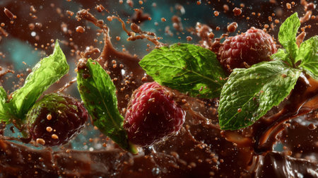 A stunning capture of fresh raspberries splashing into rich chocolate, accompanied by mint leaves, creating a vibrant and mouthwatering culinary scene for food enthusiasts.の素材