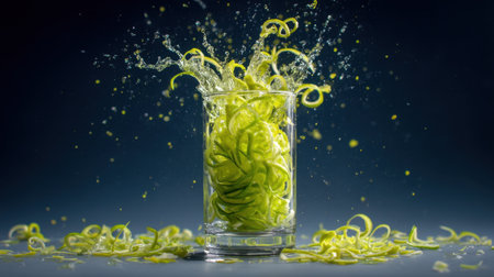A vibrant splash of fresh green spiral vegetables in a clear glass, capturing the essence of health and freshness in culinary arts, suitable for food-related content.の素材