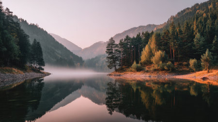 A serene landscape featuring a still lake at dawn, surrounded by majestic mountains and lush forests. The soft pastel colors create a soothing atmosphere.の素材