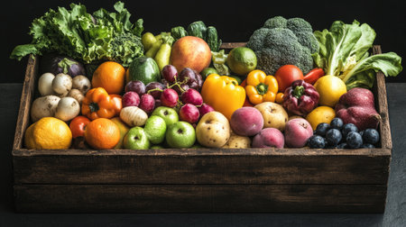 Close-up of a wooden crate filled with a vibrant selection of healthy, fresh fruits and vegetables, beautifully arranged on a dark rustic table.の素材