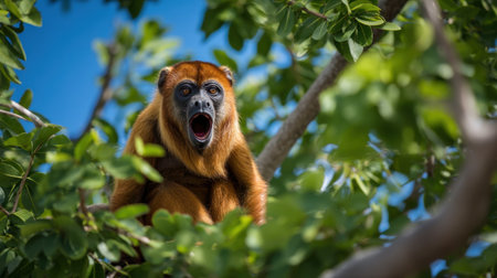A striking image of a howler monkey captured mid-yawn in a vibrant tropical environment. The lush greenery, blue sky, and expressive character highlight wildlife in its natural habitat.の素材