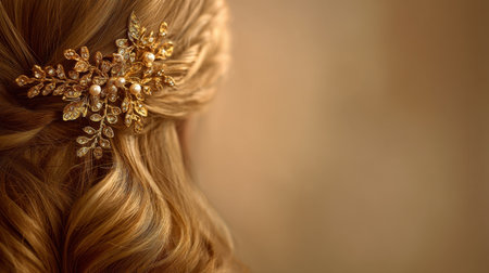 A close-up of a woman's hair showcasing a stunning golden hair accessory. Perfect for weddings or events, this artistic design enhances any hairstyle with elegance.の素材