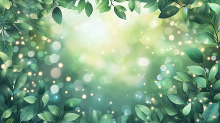 Greenery vector background featuring rich emerald foliage, bokeh lights, and a rustic vibe, perfect for save-the-date cards or summer invitations.の素材