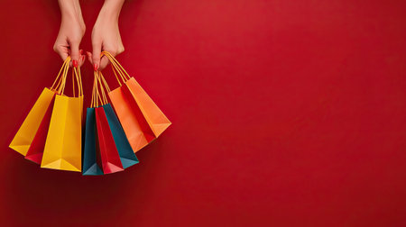 Female hands holding bright shopping bags, on a deep red background, perfect for a retail banner with space for promotional textの素材