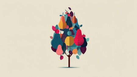 This vibrant abstract illustration features a pear tree adorned with colorful leaves and fruits, perfect for creative design projects and seasonal decorations.の素材