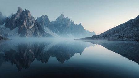 Captivating view of a mountain landscape at dawn, showcasing mist over calm water and stunning reflections. A perfect scene for nature enthusiasts and photographers.の素材