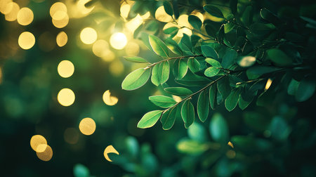 Lush emerald green foliage with delicate bokeh lights, ideal for rustic wedding invitations or outdoor party templates, capturingの素材