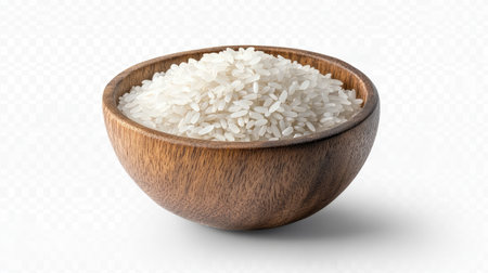 A rustic wooden bowl filled with delicate white rice, beautifully isolated on a clean transparent background, perfect for minimalist and Nordic-inspired designs.の素材