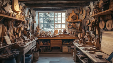 Woodworker's studio with a variety of handmade wooden objects, highlighting the craft and creativity in a warm environment.の素材
