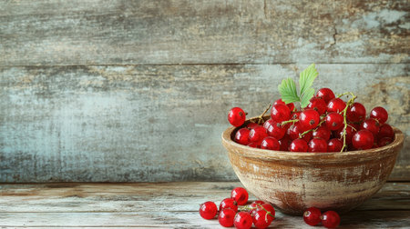 A rustic bowl overflowing with ripe red currants, set on a weathered wooden surface, with ample space for copy or branding, evoking a natural, earthy feel.の素材
