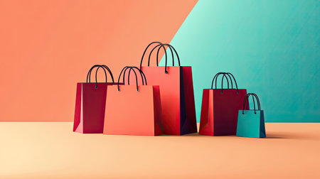 Minimalist flat design of shopping bags and boxes, ideal for product packaging or sale advertisements, set on a clean, single-color background.の素材