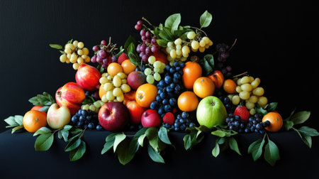 Abstract fruit arrangement on a black background, with elegant and minimalist design, highlighting the vibrant colors and sophisticated presentation.の素材