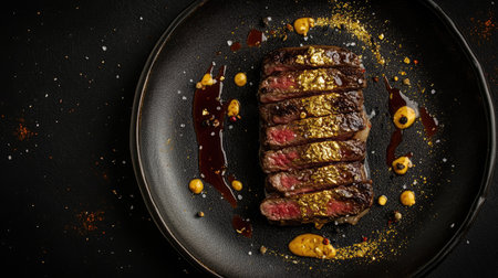 A top-down view of a luxurious steak plate, decorated with gold leaf and artistic sauce spray, set on a realistic 3D plate with ample advertising space.の素材