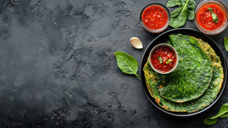 Palak Dosa, an Indian dish made with spinach batter, served with red chutney, displayed with advertising space. Perfect for promoting healthy and flavorful meals.の素材