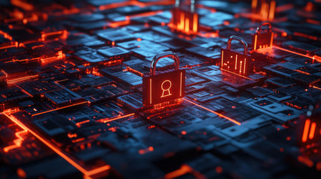 Cybersecurity concept highlighting data protection and defense against hacker attacksの素材