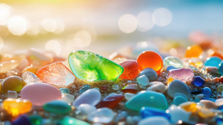 Multi-colored sea glass and gemstones on the beach, offering a vibrant and polished summer background.の素材