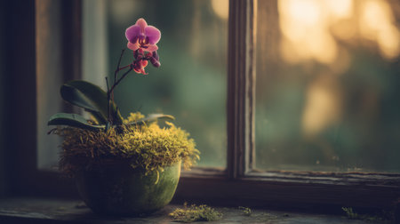 A charming orchid plant in a stylish pot sits by a window, bathed in gentle sunlight. The lush green moss adds a touch of nature, creating a peaceful indoor atmosphere.の素材