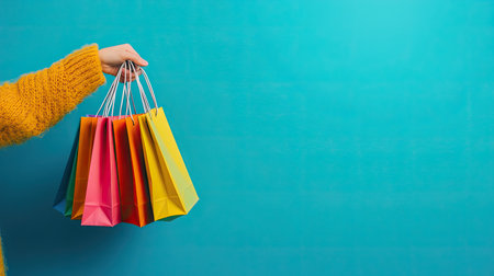 Close-up of a female hand holding several colorful shopping bags, set against a bright blue background, creating a vibrant and modern shopping template.の素材