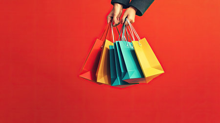 A pair of female hands holding colorful shopping bags, set against a bold red background, perfect for a dynamic shopping or sale template.の素材