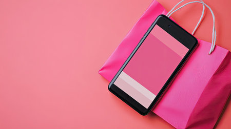 Close-up of a smartphone with an online shopping app on a pink background, representing the stylish and convenient world of digital retail.の素材