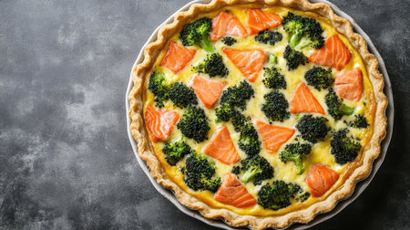 A quiche with salmon and broccoli viewed from above, highlighting the vibrant colors and savory ingredients of this classic dish.の素材