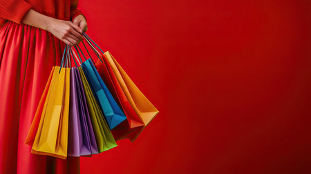 Close-up of a woman hands clutching multiple vibrant shopping bags, on a striking red background, ideal for retail promotions with space for text.の素材