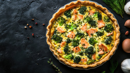 A mouthwatering quiche filled with salmon and broccoli, seen from above, showcasing the delicious combination of flavors in a savory tart.の素材