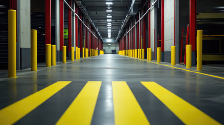 Safety-focused warehouse aisle with yellow striped markings and bollards, emphasizing secure navigation.の素材