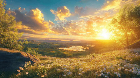 A breathtaking sunset lights up the sky over a serene outdoor landscape, with nature glowing under the soft, golden light.の素材