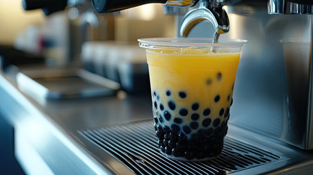 A crisp, detailed shot of black and yellow boba tea in a clear cup, perfectly positioned on an espresso machine tray, featuring vibrant colors and sleek design elements.の素材