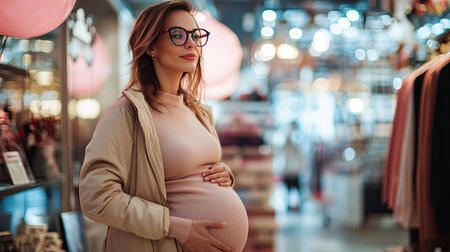 A fashionable pregnant woman with trendy glasses shops in a stylish department store, representing the modern approach to maternity fashion with elegance and flair.の素材