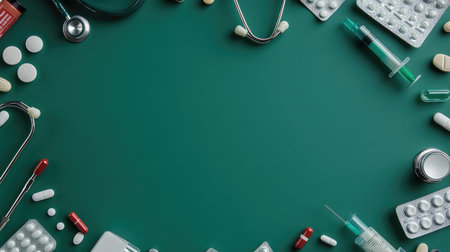 A green banner background bordered with pills and medical equipment, including a stethoscope and syringe, providing ample space for healthcare-related content.の素材