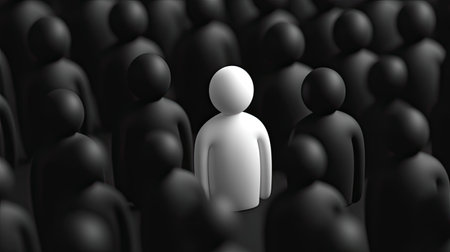 A lone white figure among black figures, highlighting individuality and contrast in an abstract visual representation of difference.の素材