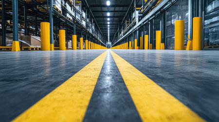 Safety-focused warehouse aisle with yellow striped markings and bollards, emphasizing secure navigation.の素材